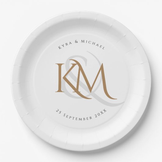 Monogram Modern Gold Script Elegant White Wedding Pappteller (Vorderseite)