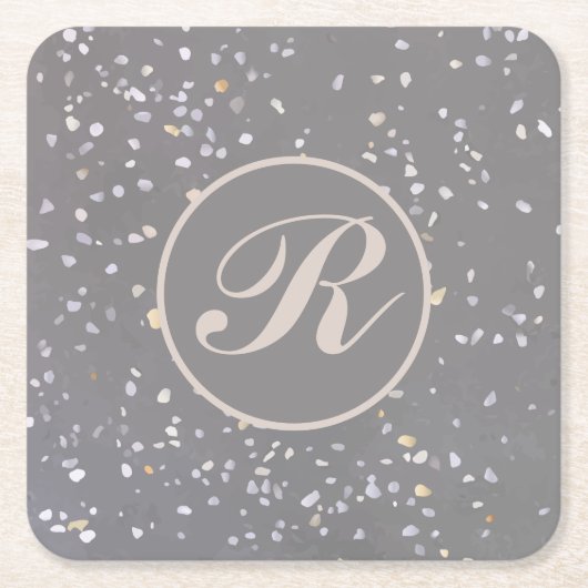 Monogram Modern Gray Terrazzo Rechteckiger Pappuntersetzer (Vorderseite)