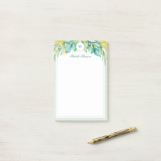 Monogram Modern Greenery Eukalyptus Blätter Olive Post-it Klebezettel (Auf Schreibtisch)