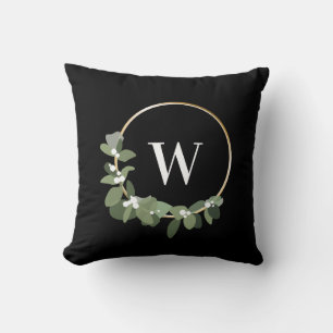 Monogram Modern Half Wreath Green Black Christmas Kissen