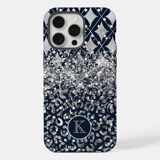 Monogram Modern Leopard Print Glitzer Personalisie iPhone Hülle (Rückseite)