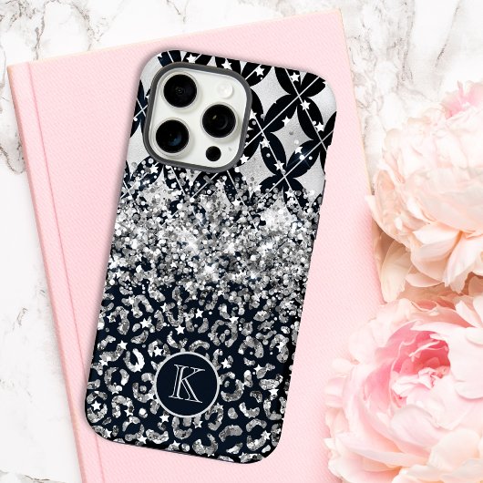 Monogram Modern Leopard Print Glitzer Personalisie iPhone Hülle