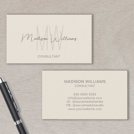 Monogram Modern Logo Name Creme Tan Consultant Visitenkarte