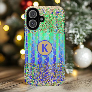 Monogram Modern Meerjungfrau Glitter Grün Blau iPhone 16 Hülle