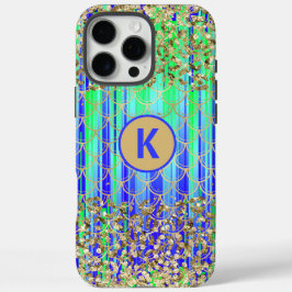 Monogram Modern Mermaid Glitzer Green Blue iPhone 16 Pro Max Hülle
