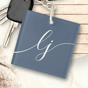 Monogram Modern Minimal Elegant Navy Blue Script Schlüsselanhänger