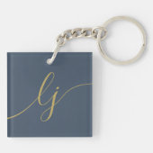 Monogram Modern Minimal Elegant Navy Gold Script Schlüsselanhänger (Rückseite)