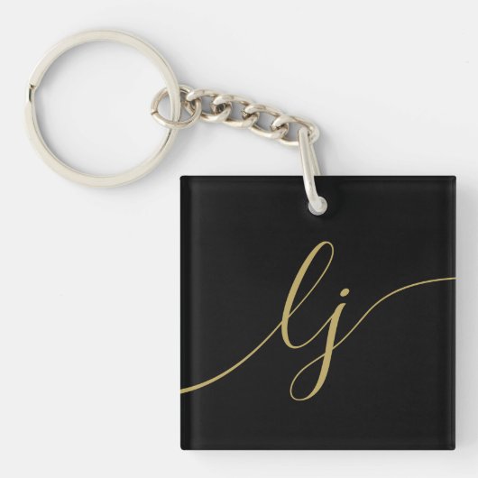 Monogram Modern Minimal Elegantes Black Gold Scrip Schlüsselanhänger (Vorderseite)