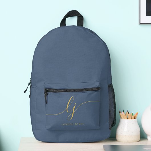 Monogram Modern Minimal Navy Blue Gold Initials Bedruckter Rucksack