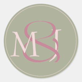 Monogram Modern Minimalist Green & Pink Wedding Runder Aufkleber