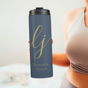Monogram Modern Minimalistisch Navy Gold Calligrap Thermosbecher