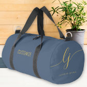 Monogram Modern Navy Blue Gold Elegant Script Duffle Bag