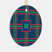 Monogram Modern Navy Blue Green Kariert Holiday Keramik Ornament (Rechts)