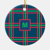 Monogram Modern Navy Blue Green Kariert Holiday Keramik Ornament (Vorne)