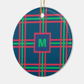 Monogram Modern Navy Blue Green Kariert Holiday Keramik Ornament (Links)