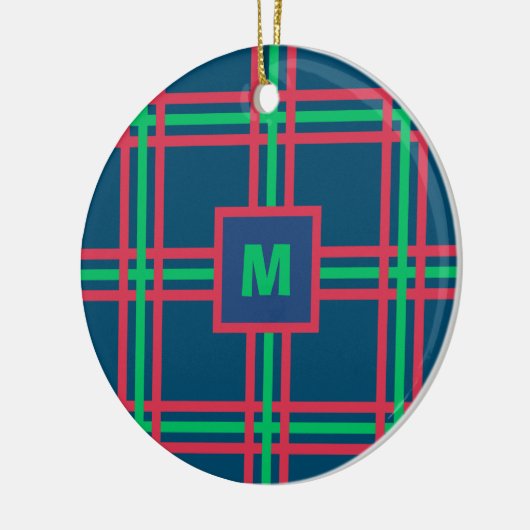 Monogram Modern Navy Blue Green Kariert Holiday Keramik Ornament (Links)
