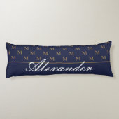 Monogram Modern Navy Blue White Gold Elegant Seitenschläferkissen (Rückseite)