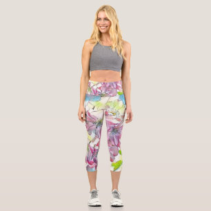 Monogram Modern Pink Cherry Blossom Wasserfarbe Capri Leggings