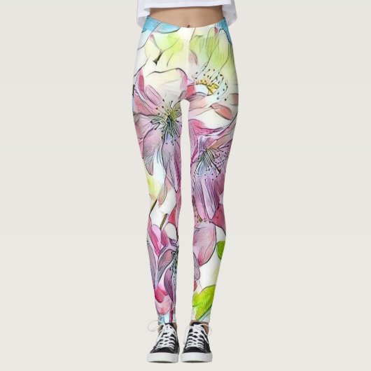 Monogram Modern Pink Cherry Blossom Wasserfarbe Leggings (Vorderseite)