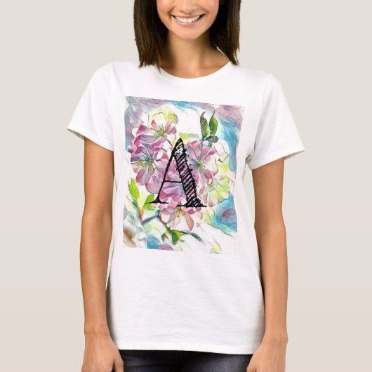 Monogram Modern Pink Cherry Blossom Wasserfarbe T-Shirt (Vorderseite)