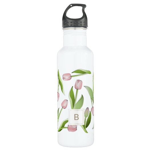 Monogram, Modern Pink Tulip Edelstahlflasche (Vorderseite)