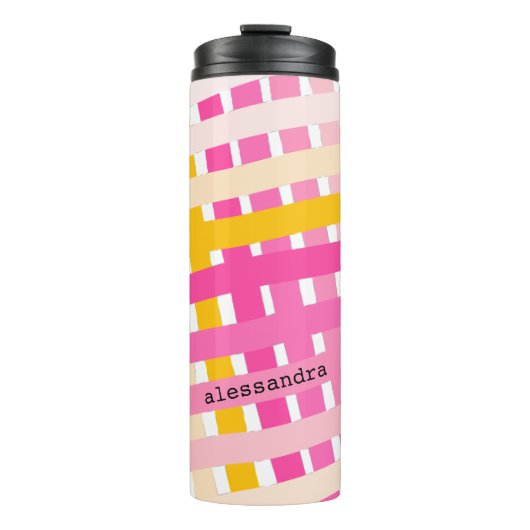 Monogram Modern Pink Yellow Check Plaid Girly Thermosbecher (Vorderseite)