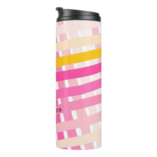 Monogram Modern Pink Yellow Check Plaid Girly Thermosbecher (Nach rechts gedreht)