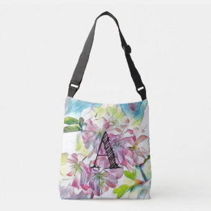 Monogram Modern Pinke Kirschblüten-Aquarell Tragetaschen Mit Langen Trägern