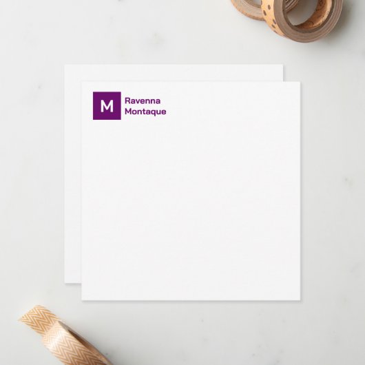 Monogram Modern Plum Purple Personalized Script Mitteilungskarte (Vorderseite/Rückseite Beispiel)
