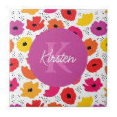 Monogram Modern Poppy Floral Muster Name Fliese (Vorderseite)