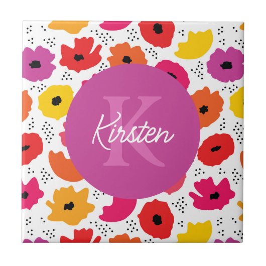 Monogram Modern Poppy Floral Muster Name Fliese (Vorderseite)