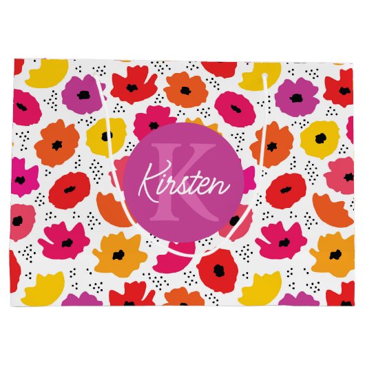 Monogram Modern Poppy Floral Muster Name Große Geschenktüte (Rückseite)
