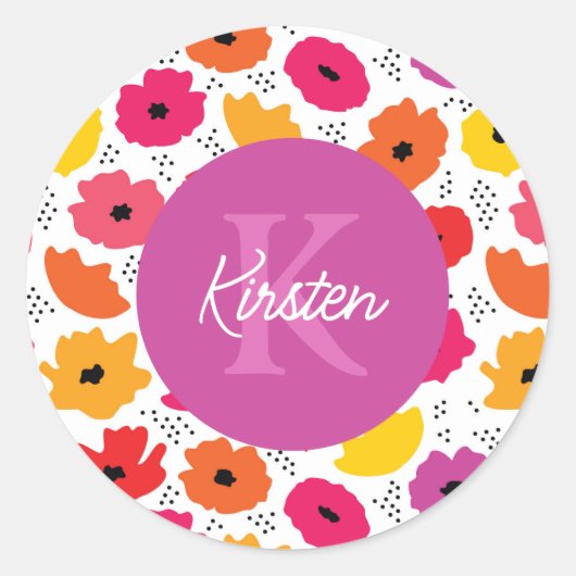Monogram Modern Poppy Floral Muster Name Runder Aufkleber (Vorderseite)