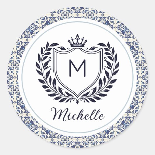 Monogram Modern Portus Tiles Azulejos Blue Runder Aufkleber (Vorderseite)
