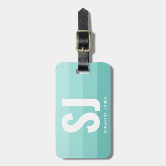 Monogram Modern Rainbow Aquamarin Blue Stripes Ini Gepäckanhänger (Vorderseite vertikal)