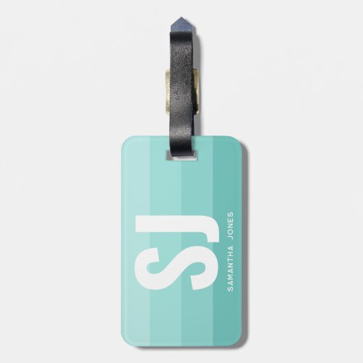 Monogram Modern Rainbow Aquamarin Blue Stripes Ini Gepäckanhänger (Rückseite vertikal)