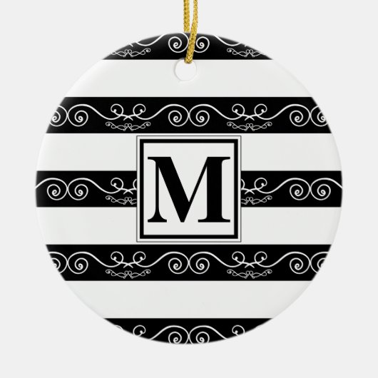 Monogram, modern Schwarz-weiß gestreift Keramik Ornament (Vorne)