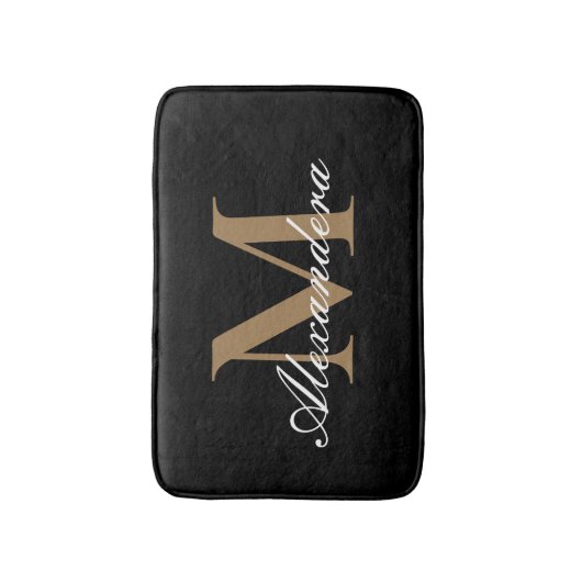 Monogram Modern Schwarz-weiß Gold Elegante Script Badematte (Vorderseite Vertikal)