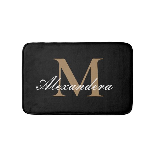 Monogram Modern Schwarz-weiß Gold Elegante Script Badematte (Vorderseite)
