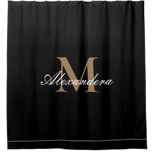 Monogram Modern Schwarz-weiß Gold Elegante Script Duschvorhang (Vorderseite)