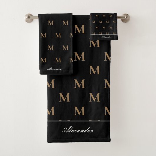 Monogram Modern Schwarz-weiß Gold Eleganter Badezi Badhandtuch Set (Insitu)