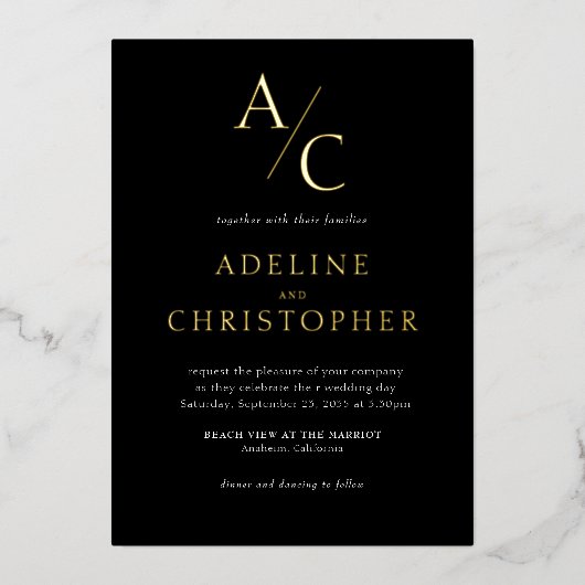 Monogram Modern Schwarz-weiß Gold Foil Einladung (Vorderseite)