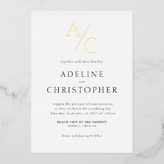 Monogram Modern Schwarz-weiß Gold Folieneinladung (Vorderseite)