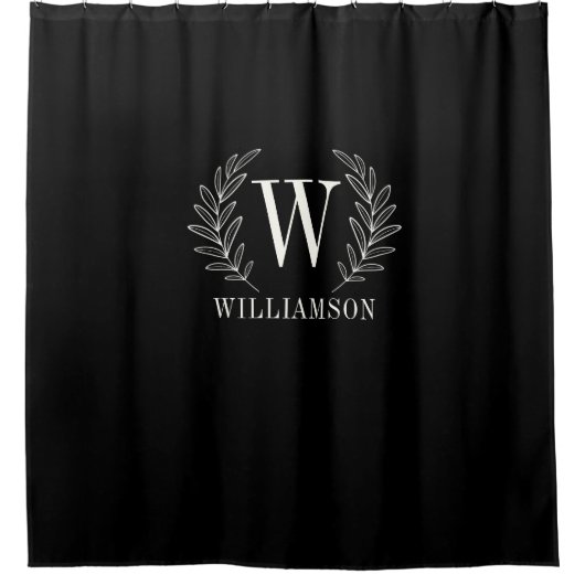 Monogram Modern Schwarz-weiß Laurel Wreath Duschvorhang (Vorderseite)
