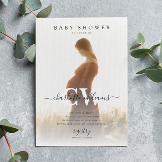 Monogram Modern Script Foto Baby Shooter Einladung