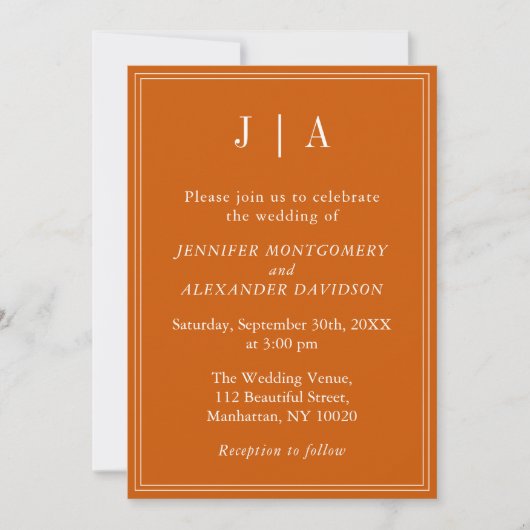 Monogram Modern Simple Burnt Orange White Wedding Einladung (Vorderseite)