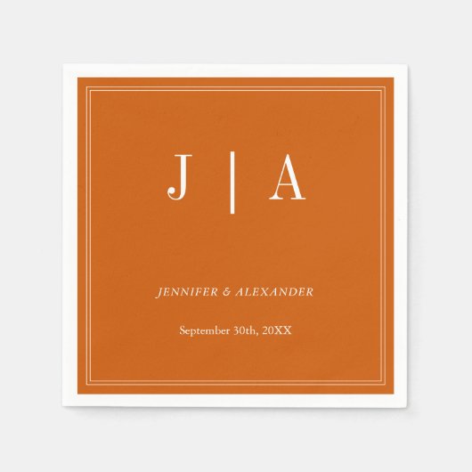 Monogram Modern Simple Burnt Orange White Wedding Serviette (Vorderseite)