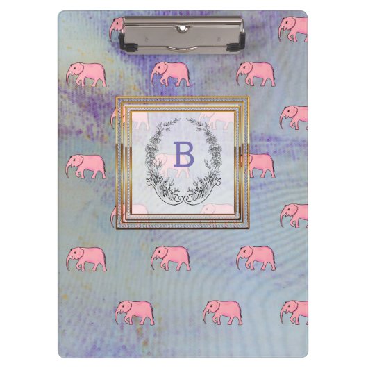 Monogram Modern Stylish Patterns Elephants Blue Klemmbrett (Vorderseite)