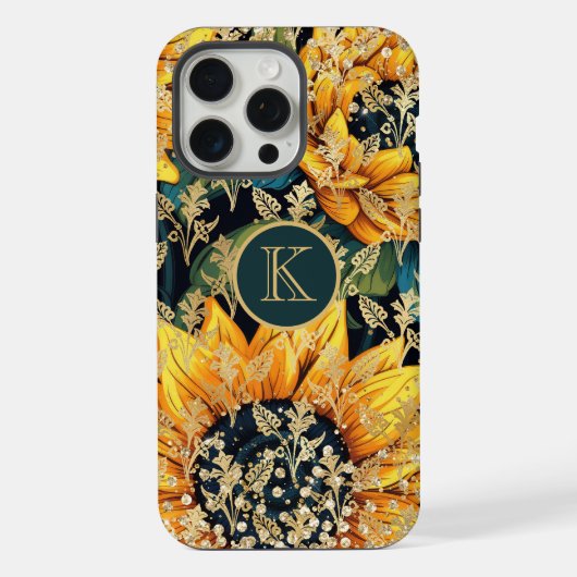 Monogram Modern Sunflower Glitzer Personalisiert iPhone Hülle (Rückseite)
