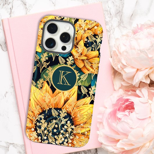 Monogram Modern Sunflower Glitzer Personalisiert iPhone Hülle